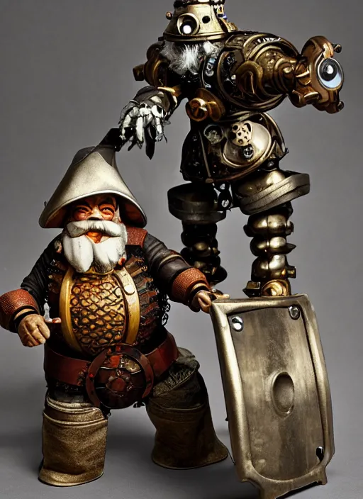 Prompt: an old dwarf musketeer and his large clockwork robot companion, golem, steampunk, ming dynasty, chinese fantasy, reasonable fantasy, realistic, detailed, tabletop rpg, ghostblade, wlop.