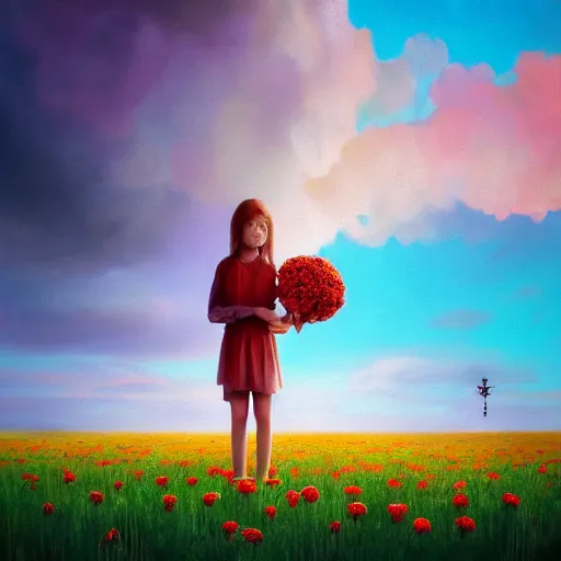 Image similar to head made of carnations flower, girl standing in a vast flower field, surreal photography, sunrise dramatic light, impressionist painting, colorful clouds, large sky, digital painting, artstation, simon stalenhag, flower face