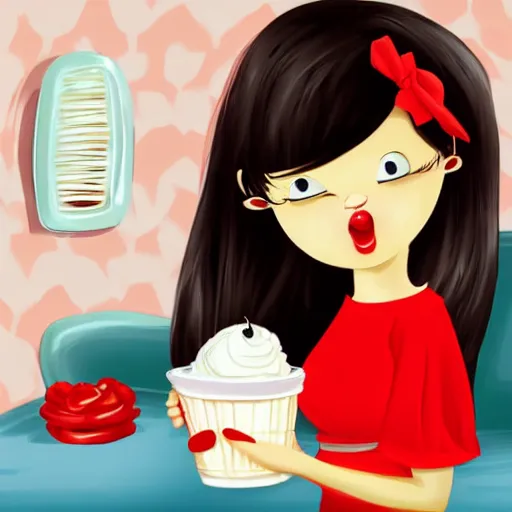 Prompt: cute girl in red dress with black hair and large beautiful eyes consuming ice cream in her bed, digital art