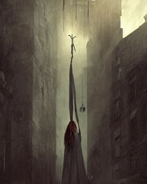 Image similar to concept illustration of'the hanged woman'from the modern urban supernatural thriller anthology'the fallen world chronicle ', by david mattingly and samuel araya and michael whelan and tim jacobus and francisco goya. realistic 8 k matte painting with photorealistic hd lighting. composition and layout inspired by gregory crewdson and brendon burton.