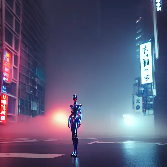 Image similar to robot woman approaching, detailed face, shibuya prefecture, cinematic lighting, fog mist smoke, photorealistic, night photography, octane render by tomino - sama