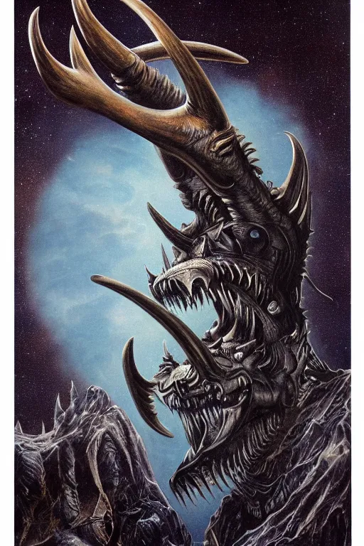 Image similar to sideview waist up portrait of baphomet shark with big antler made with porcelain by jeff easley and peter elson, beautiful eyes and face, symmetry face, galaxy, gothic, surreal, dread, highly detailed, intricate complexity, epic composition, magical atmosphere, masterpiece, award winning, trending on artstation