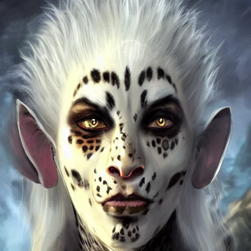 Image similar to Warlock with leopard traits. Character portrait, face close-up, of an anthro leopard warlock in the style of Bastien Lecouffe-Deharme