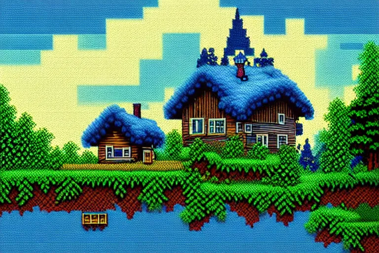 Prompt: view of a cottage above an azure lake, beautiful detailed pixelart by albertov, intricate details, beautiful, dithered gradients, volumetric lighting, cgsociety, artstation, 2 d