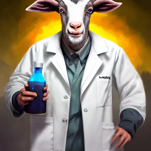 Image similar to a mad scientist goat in lab coats mixing acids, digital painting, digital illustration, digital art, trending on artstation and unreal engine, deviantart, smooth, hyper detailed, award - winning, hd