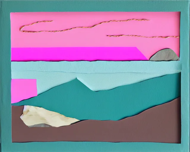 Image similar to deep sea trench, pink horizon. abstract collage made of paper, clay, and twine