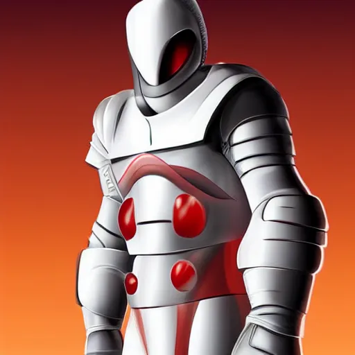 Image similar to headshot of a tall athletic muscular infantry man in glossy sleek white armor with tiny red details and a long red cape, heroic posture, strong jawline, on the surface of mars, night time, dramatic lighting, cinematic, sci-fi, hyperrealistic