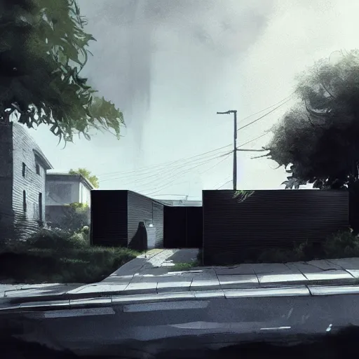 Image similar to a black van parked in front of an expensive modern house in a nice neighborhood, dramatic lighting, illustration by Greg rutkowski, yoji shinkawa, 4k, digital art, concept art, trending on artstation