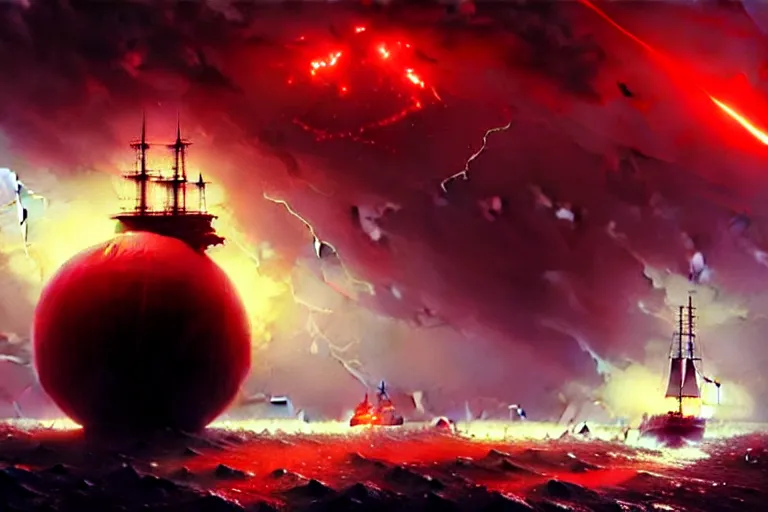 Image similar to A beautiful matte painting of huge spherical alien spaceship attacking with powerful red lasers a Sailship in ocean in thunderstorm by Greg Rutkowski and Ivan aivazovsky