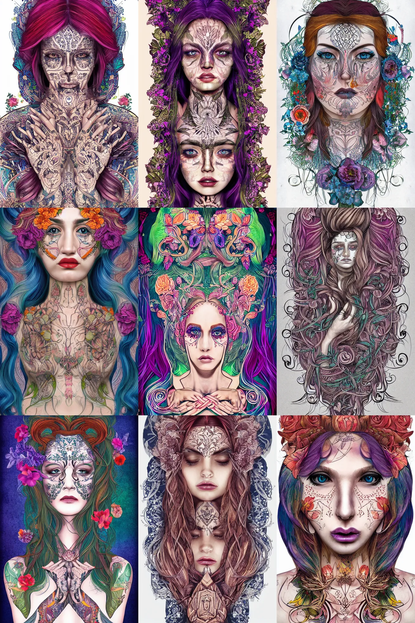 Prompt: a symmetrical portrait with skin tattooed esoteric symbols and vivid flowers intertwined in the hair, intricate, vibrant color, digital art