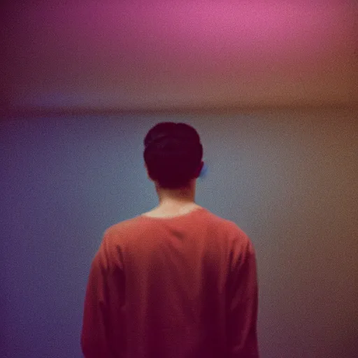 Prompt: kodak portra 4 0 0 photograph of a skinny guy standing in a room with floor to ceiling screens, back view, moody lighting, telephoto, 9 0 s vibe, blurry background, vaporwave colors!, faded!,