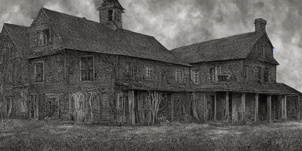 Prompt: a spooky farmhouse, 1 9 2 0 s atmosphere, rural village, cthulhu mythos, by michael whelan