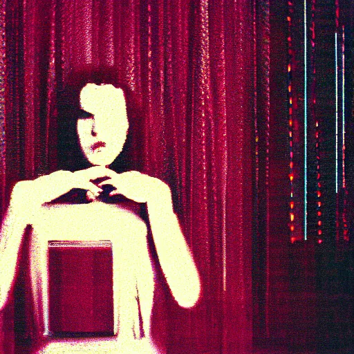 Image similar to a girl watching a lot of television screens static on a room, 8 mm, found footage