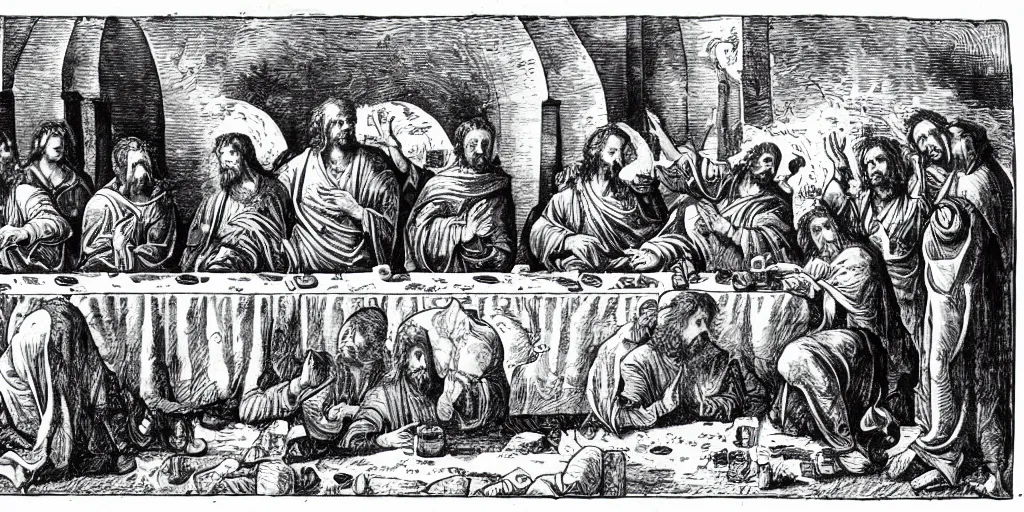 Prompt: the last supper, in the style of Dante’s inferno,