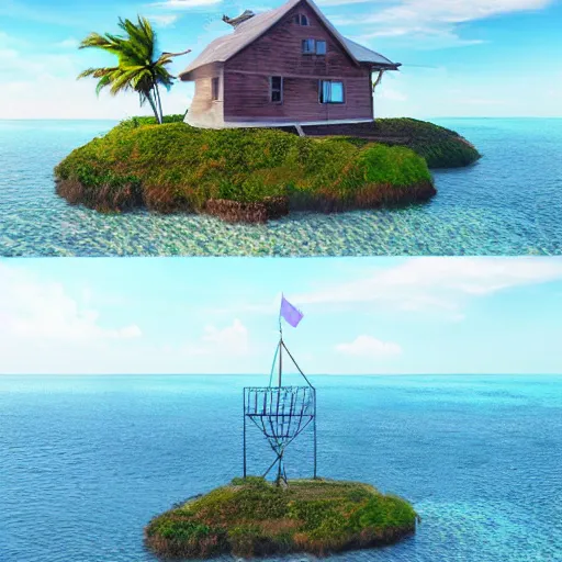 Prompt: a single house on an island in the sea, ultra realistic digital art