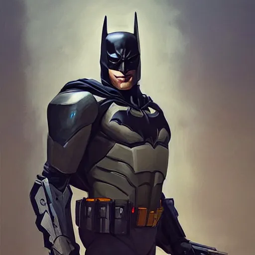 Image similar to greg manchess portrait painting of fully armored bruce wayne aka batman as overwatch character, medium shot, asymmetrical, profile picture, organic painting, sunny day, matte painting, bold shapes, hard edges, street art, trending on artstation, by huang guangjian and gil elvgren and sachin teng