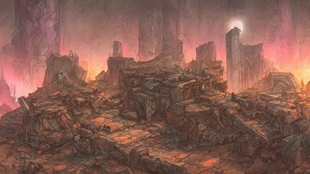 Prompt: an apocalyptic ruins in mars, pastel, colorful, bright, cartoony, digital art