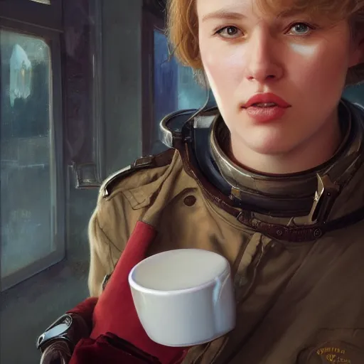 Image similar to an portrait of an female medic drinking coffee, detailed, centered, digital painting, artstation, concept art, donato giancola, Joseph Christian Leyendecker, WLOP, Boris Vallejo, Breathtaking, 8k resolution, extremely detailed, beautiful, establishing shot, artistic, hyperrealistic, beautiful face, octane render