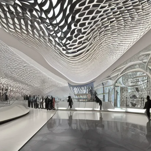 Image similar to extremely detailed ornate stunning beautiful elegant futuristic museum lobby interior by Zaha Hadid