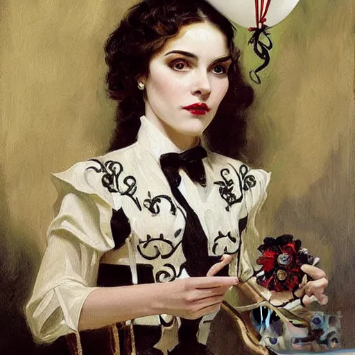 Prompt: painting skull portrait young woman holding a balloon, intricate, elegant, highly detailed,, art by jc leyendecker and singer sargent