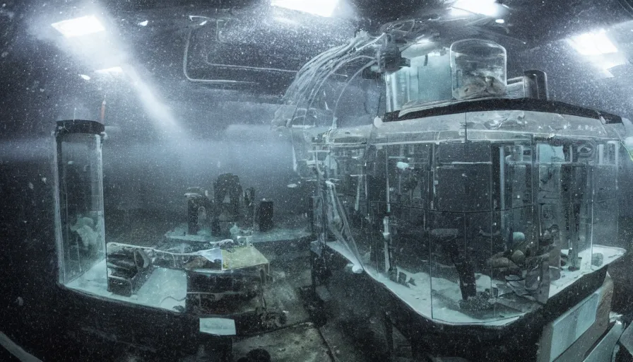 Image similar to Big budget horror movie, exterior view of an underwater biolab, deep in the ocean, dark and gloomy