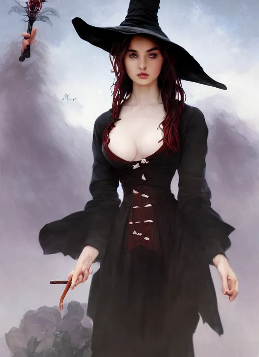 Image similar to character concept portrait of anna de armas as a witch with a big black pointy hat casting a spell, a floating burning love potion in the center, intricate, elegant, digital painting, concept art, smooth, sharp focus, illustration, from Metal Gear, by Ruan Jia and Mandy Jurgens and William-Adolphe Bouguereau, Artgerm