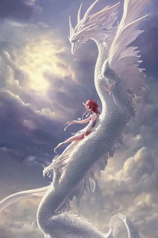 Prompt: beautiful scene render that a princess rely on a huge silver white dragon back, finely detailed angelic face delicate features, in the fairyland surrounded by white clouds, perfectly shaded, atmospheric lighting, style of makoto shinkai and peter mohrbacher, studio ghibli. artgerm, karol bak, beeple, animation style, 4 k hd, hyper detailed