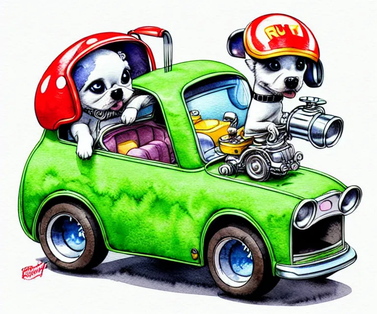 Image similar to cute and funny, puppy wearing a helmet riding in a tiny hot rod with an oversized engine, ratfink style by ed roth, centered award winning watercolor pen illustration, isometric illustration by chihiro iwasaki, edited by range murata, tiny details by artgerm and watercolor girl, symmetrically isometrically centered, sharply focused