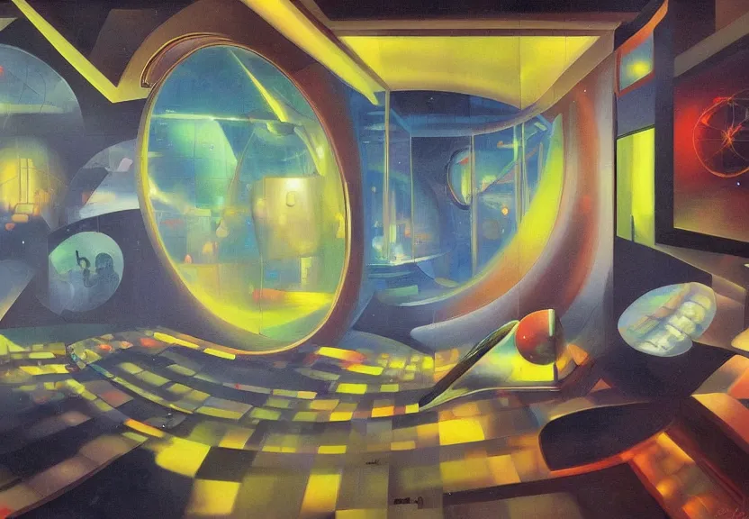 Prompt: ! dream an oil panting of a futuristic space in the metaverse designed by frank gehru