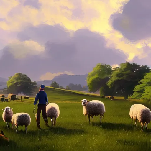Prompt: an irish farmer herding sheep next to his small homestead in the irish countryside, highly detailed, digital painting, concept art, sharp focus, by makoto shinkai