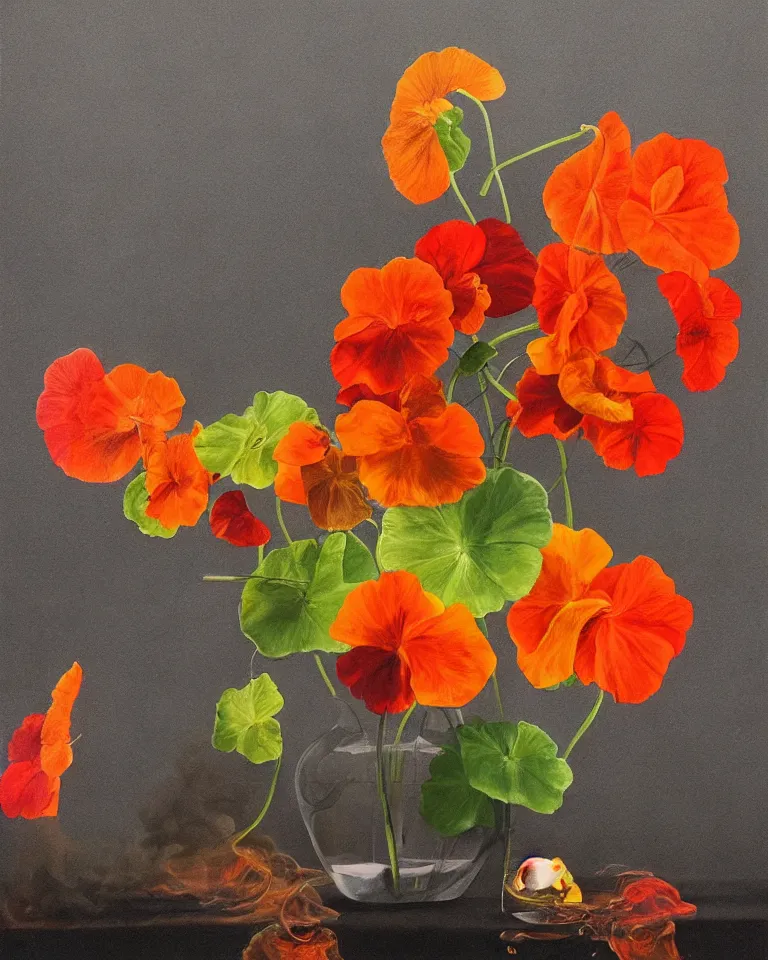 Prompt: hyperrealist still life artwork of nasturtium and colourful smoke from dark flames.
