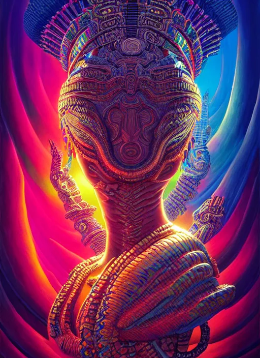 Image similar to hyper detailed ultra sharp 3 d render like a oil painting aztec serpent warrior princess, fractal plane, deep voyage, parallel existence, earthwave, colorful, neon, ornate, intricate, digital painting, concept art, smooth, sharp focus, illustration, art by artgerm and greg rutkowski and h. r. giger, 8 k