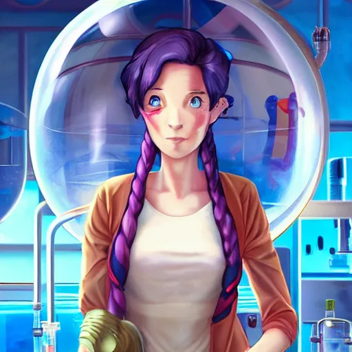 Image similar to British Pokemon original character with wild peach colored hair and heterochromia, Pixar style, beautiful woman, scientist, standing in a lab in front of a giant containment liquid filled tank, by Tristan Eaton Stanley Artgerm and Tom Bagshaw, Makoto Shinkai ilya kuvshinov and Wojtek Fus