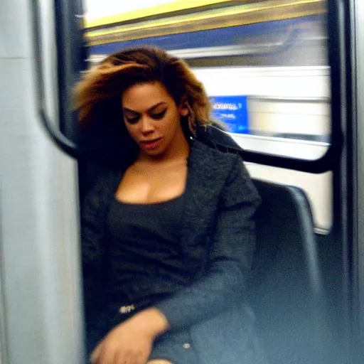 Image similar to beyonce asleep riding the subway late at night