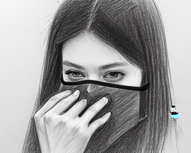 Image similar to draft drawing of a european man covering her face with mask, a sketch by choro choi, thin stroke, trending on artstation, context art, pencil sketch, high detail