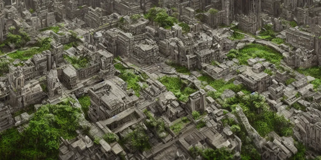 Prompt: a beautiful realistic detailed city carved in a stone, surrounded by mold and moss, photorealistic, octane render, volumetric lighting,