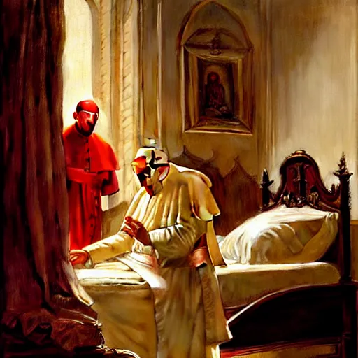 Image similar to the pope wakes up is his bed, sweating, nervous, terrified, because a double horned shadow demon lurks in the wall of the papal bedroom. highly detailed painting by gaston bussiere, j. c. leyendecker, greg rutkowski, craig mullins 8 k