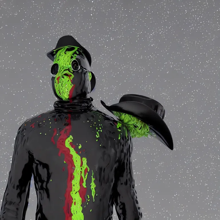 Image similar to octane render portrait by wayne barlow and carlo crivelli and glenn fabry, a man wearing a shiny black latex suit and cowboy hat covered in colorful slime, standing in a scenic western landscape, cinema 4 d, ray traced lighting, very short depth of field, bokeh