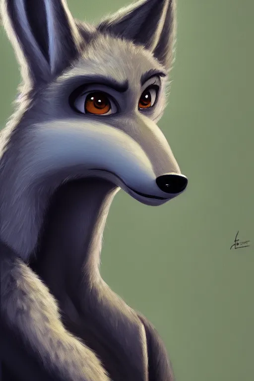 Image similar to oil painting of anthromorphic female wolf, in style of zootopia, female fursona, furry, furaffinity, 4 k, deviantart, furry art, fursona art, wearing black business suit, business suit, wolf fursona, female, very expressive detailed feminine face,