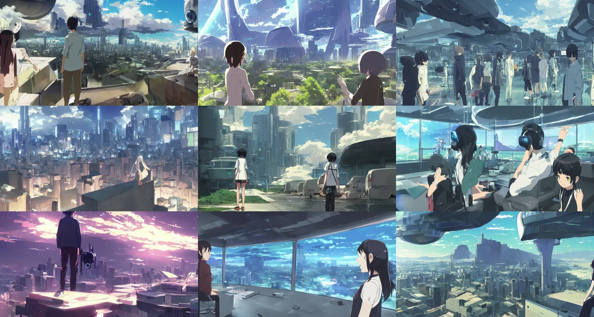 Prompt: futuristic VR chat world, high technology, science fiction, from the anime film by makoto shinkai