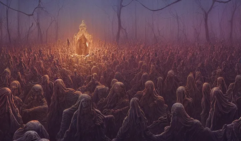 Image similar to hyper-detailed photo of a sacred undead ceremony, 8k, ultra detail, hyperrealism, science-fantasy, concept art, cinematic accent lighting, photographic, Zdzislaw Beksinski, Alexander Fedosov, Dan Mumford, soft light, divine proportion, hyper-detailed