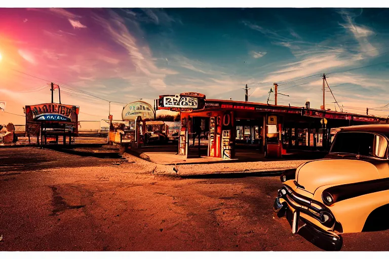 Image similar to a sunset light landscape with historical route 6 6, lots of sparkling details and sun ray ’ s, blinding backlight, smoke, volumetric lighting, colorful, octane, 3 5 mm, abandoned gas station, old rusty pickup - truck, beautiful epic colored reflections, very colorful heavenly, softlight