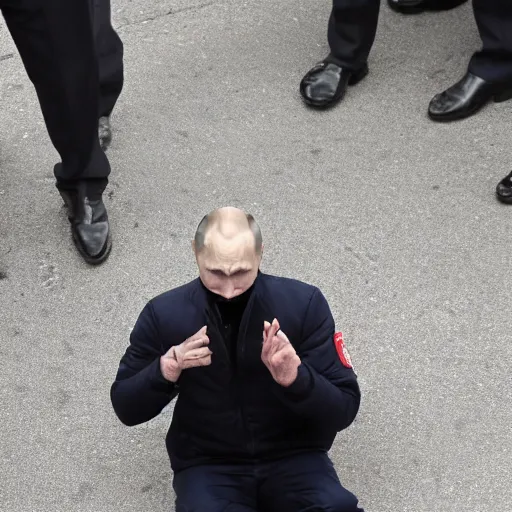 Image similar to Vladimir Putin crying like a baby, dressed in prisoner clothes, with handcuffs,