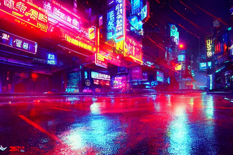 Image similar to cinematic wide angle shot of a neon cybernectic chinese dragon, midnight city lights, rain puddles, strong bokeh, dramatic lighting, unreal engine, cgsociety, artstation, 4k