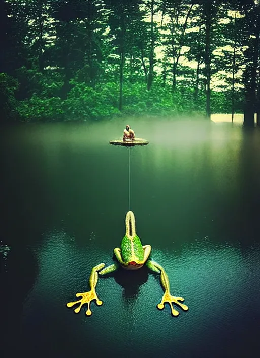 Prompt: “frog in jesus christ pose vertically hovering above calm lake waters, distant misty forest horizon, low angle shot, long cinematic shot by Andrei Tarkovsky, paranormal, eerie, mystical”
