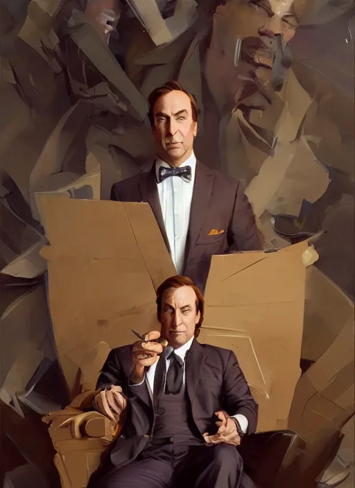 Image similar to portrait of saul goodman, lawyer clothing, painting by sargent and leyendecker, asymmetrical, intricate, elegant, matte painting, illustration,, by rhads, by greg rutkowski, by greg tocchini, by james gilleard, by joe fenton