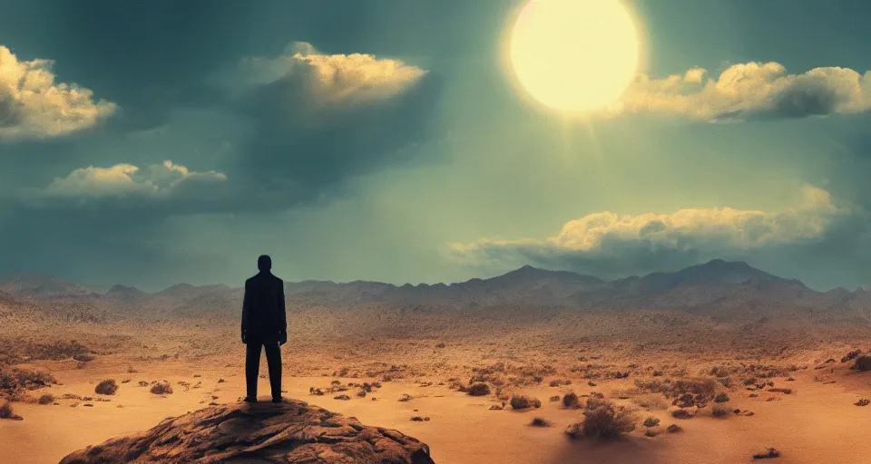 Image similar to a man in the desert staring at the sky, cinematic composition, dark color scheme, artstation