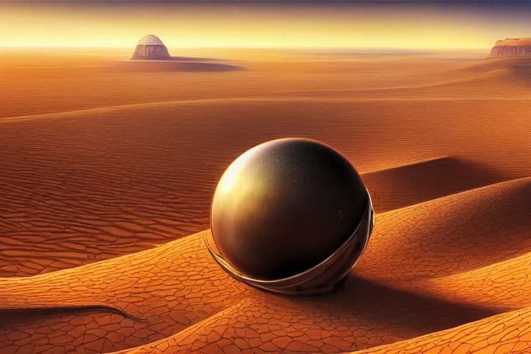 Prompt: Wide long shot epic desert scenery, on the distant horizon hovers a colossal ornately detailed futuristic spherical dark spaceship with air shimmering around it, sharp focus, illustration, bokeh art by artgerm and donato giancola and Joseph Christian Leyendecker, WLOP, artstation, cgsociety, 8k