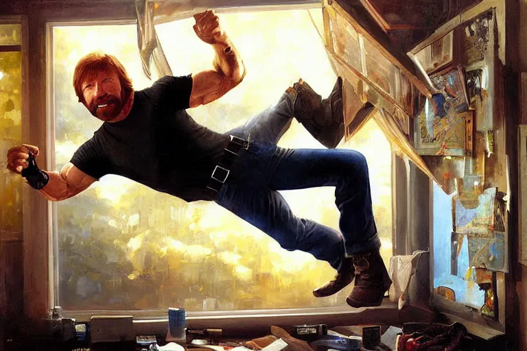 Image similar to chuck norris kicking out a window, an oil painting by ross tran and thomas kincade