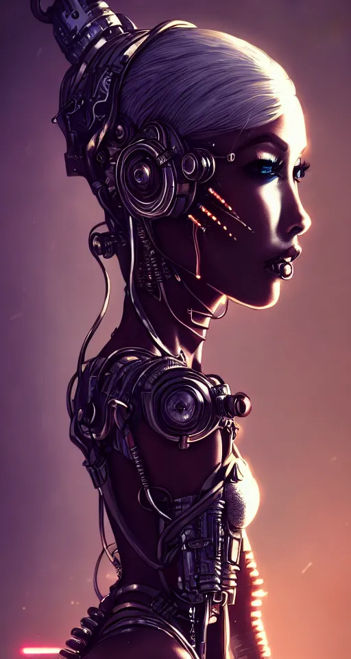 Image similar to soft lustrous ebony dark biotech raver gothic cyborg gutter punk, earbuds, golden ratio, details, scifi, fantasy, cyberpunk, intricate, decadent, highly detailed, digital painting, octane render, artstation, concept art, smooth, sharp focus, illustration, art by artgerm, loish, wlop